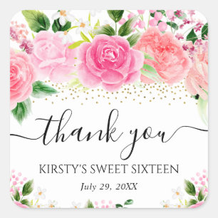 Sticker Carré Aquarelle Roses Roses Fleurs Sweet Sixteen
