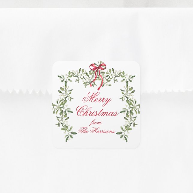 Sticker Carré Aquarelle Rouge Bow Mistletoe cadeau de Noël (Créateur téléchargé)
