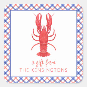 Sticker Carré Aquarelle Rouge et bleu Plaid Homard Cadeau
