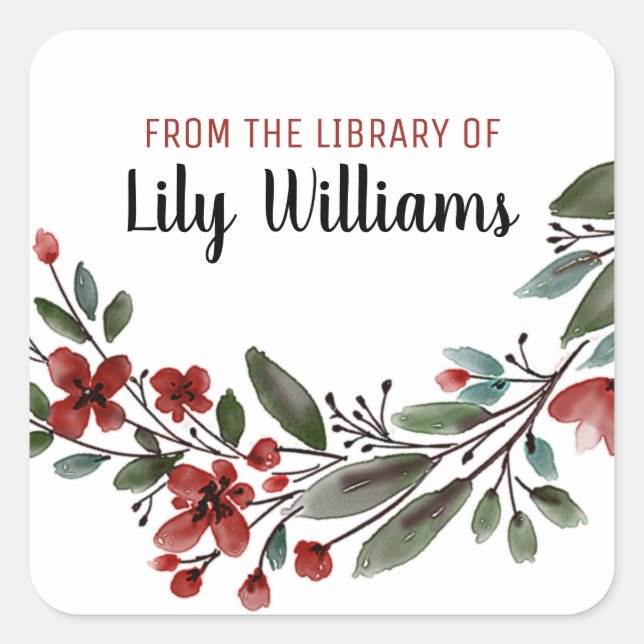 Sticker Carré Aquarelle Rouge Floral Bibliothèque Plaque (Devant)