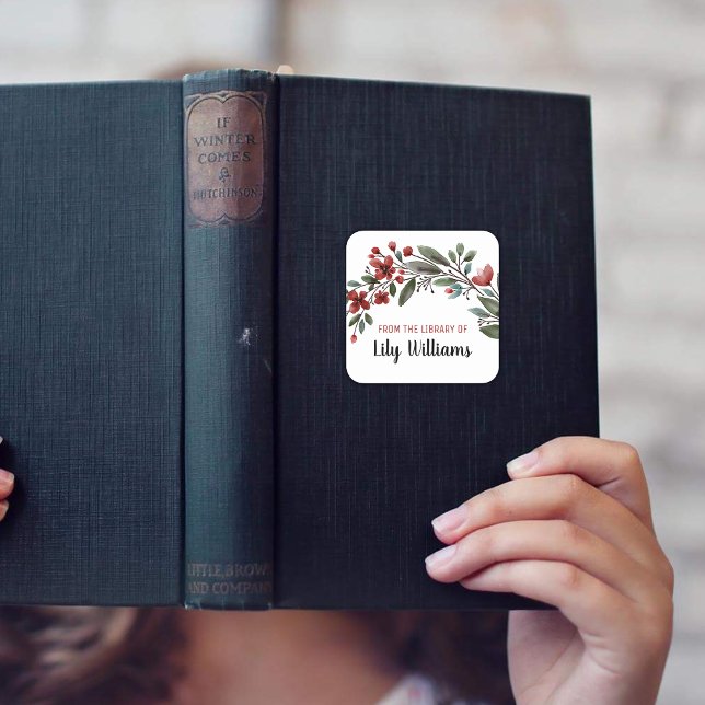 Sticker Carré Aquarelle Rouge Floral Library Ex Libris Plaque d' (Créateur téléchargé)