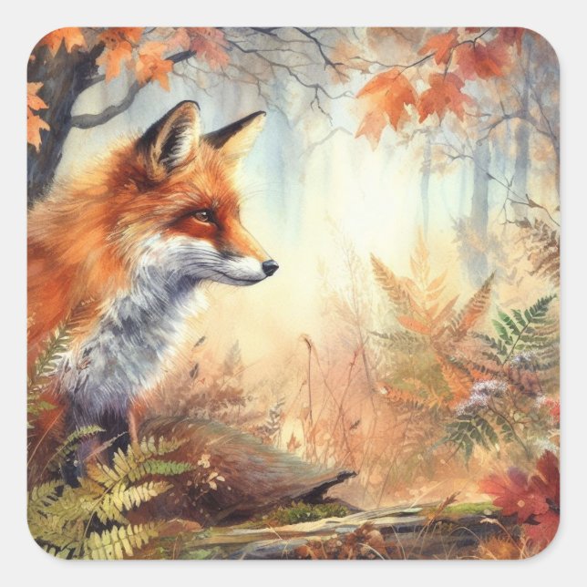 Sticker Carré Aquarelle Rouge Renard Automne Couleur automne Nat (Devant)