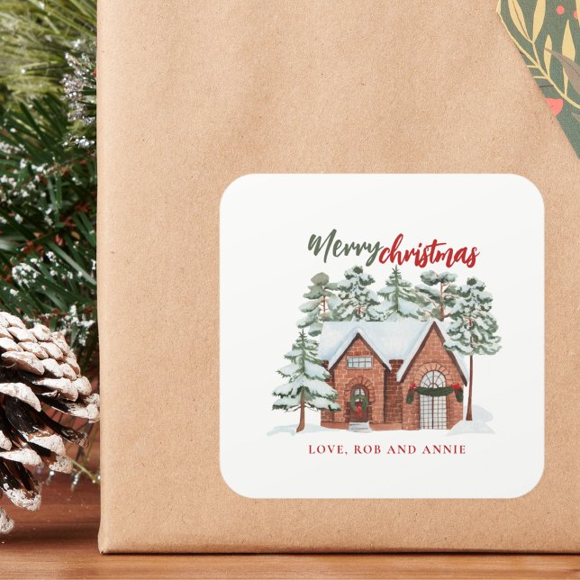 Sticker Carré Aquarelle Rouge Vert moderne Nordique Arbre de Noë (Créateur téléchargé)