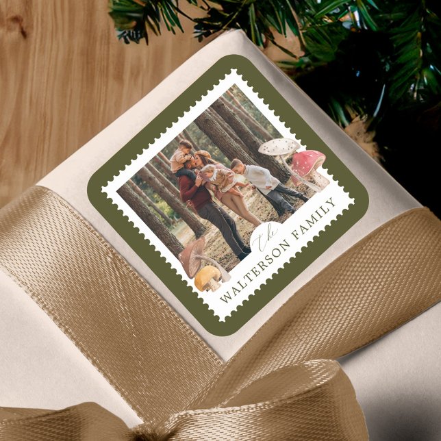 Sticker Carré Aquarelle rustique Champignons boisés Timbre photo (Rustic Watercolor Woodsy Mushrooms Photo Stamp Square Sticker)