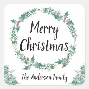Sticker Carré Aquarelle rustique Holly Wreath Joyeux Noël