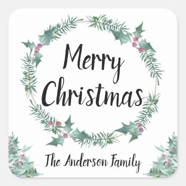 Sticker Carré Aquarelle rustique Holly Wreath Joyeux Noël (Devant)