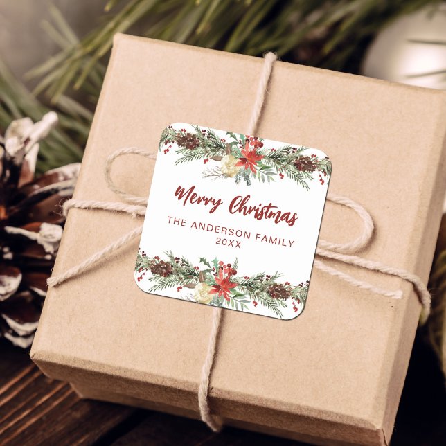 Sticker Carré Aquarelle rustique Joyeux Noël botanique (Créateur téléchargé)