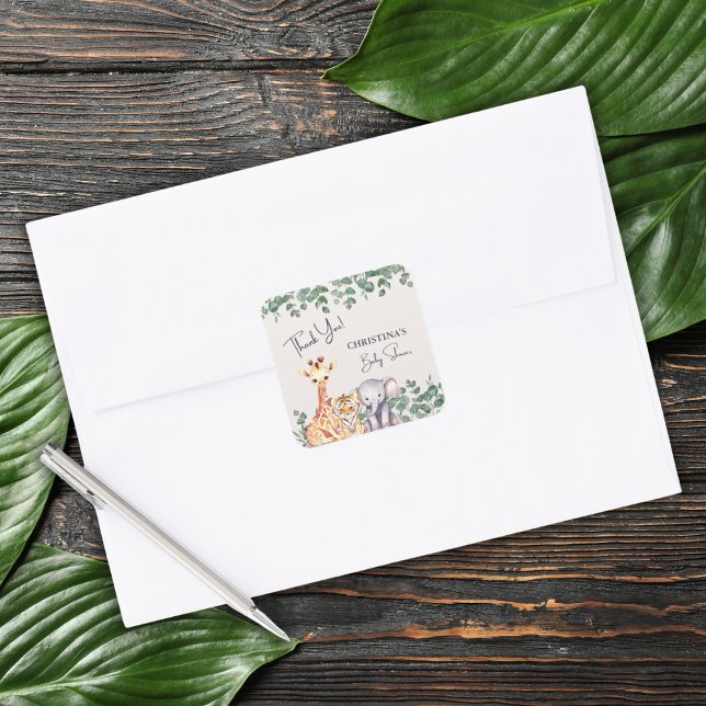 Sticker Carré Aquarelle Safari Animaux Baby shower Merci (Créateur téléchargé)