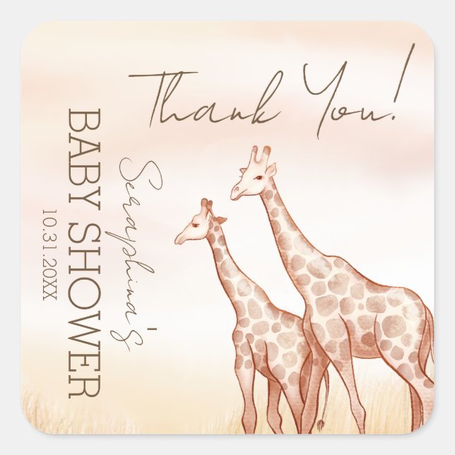 Sticker Carré Aquarelle Safari Giraffe Baby shower Merci (Devant)