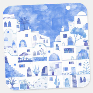 Sticker Carré Aquarelle Santorin Grèce
