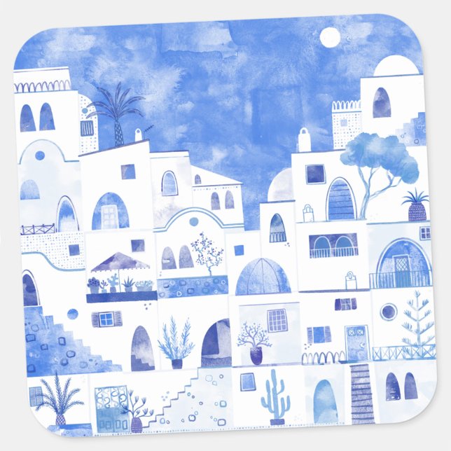 Sticker Carré Aquarelle Santorin Grèce (Santorini watercolor sticker)