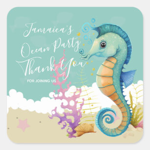 Sticker Carré Aquarelle Seahorse Océan Anniversaire Merci