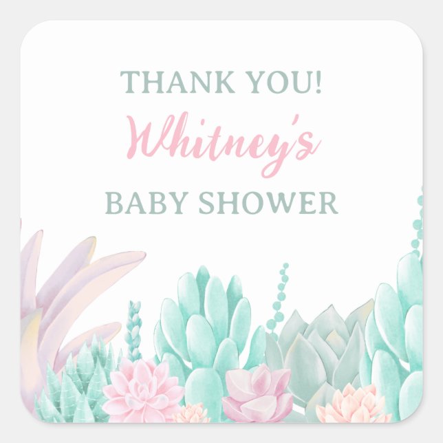 Sticker Carré Aquarelle Succulente Baby Girl Douche Merci (Devant)