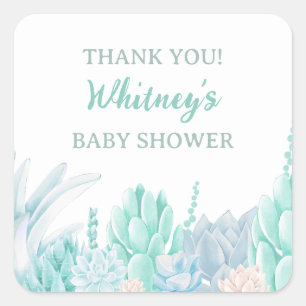 Sticker Carré Aquarelle Succulente Bébé Garçon Douche Merci