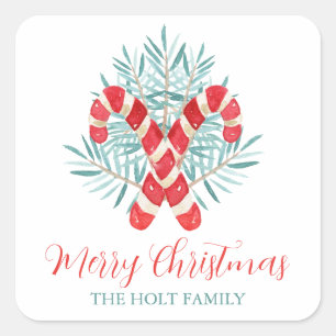 Sticker Carré Aquarelle Sucre de canne de Noël Cadeau