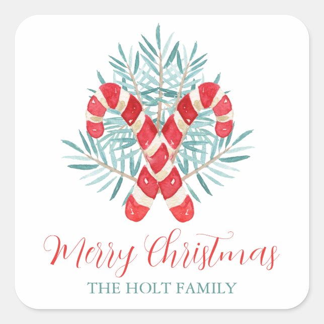 Sticker Carré Aquarelle Sucre de canne de Noël Cadeau (Devant)