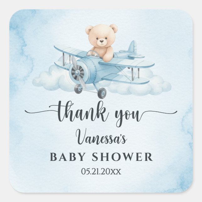 Sticker Carré Aquarelle Teddy Bear Baby shower pilote Merci (Devant)