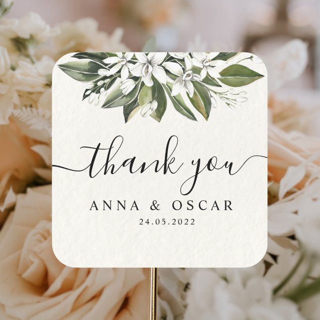 Sticker Carré Aquarelle tendance Fleurs blanches & Feuilles (Créateur téléchargé)