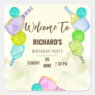 Sticker Carré Aquarelle Thème Pickleball Sports Anniversaire