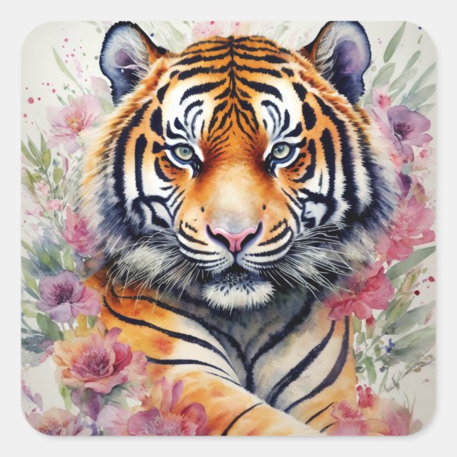 Sticker Carré Aquarelle Tigre Avec Fleurs Peinture Florale (Devant)