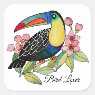 Sticker Carré Aquarelle Toucan Bird Avec Fleurs