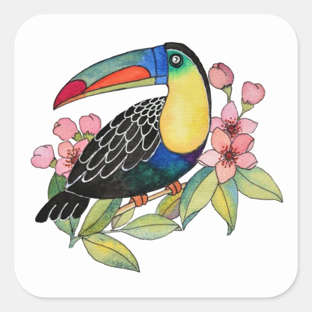 Sticker Carré Aquarelle Toucan Bird Avec Fleurs (Devant)