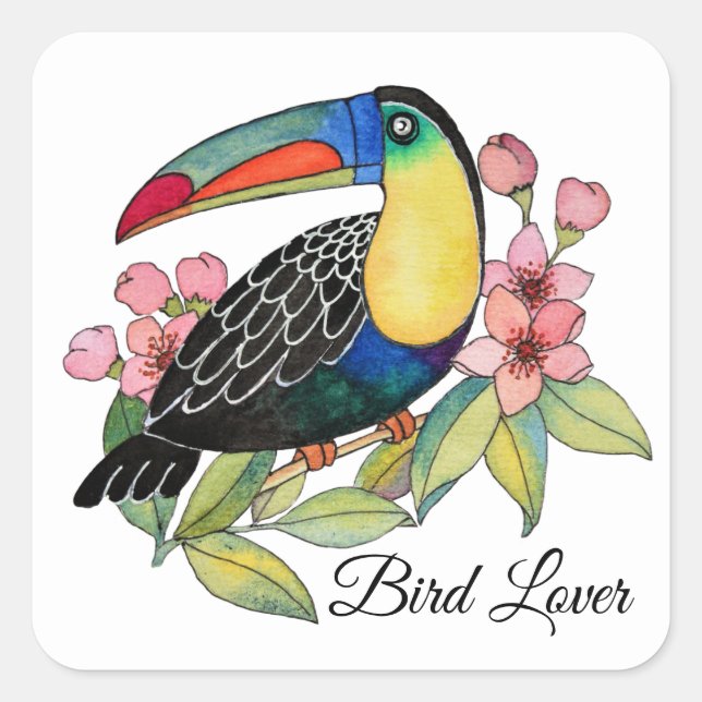 Sticker Carré Aquarelle Toucan Bird Avec Fleurs (Devant)