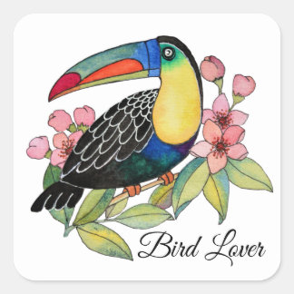 Sticker Carré Aquarelle Toucan Bird Avec Fleurs