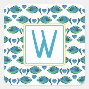 Sticker Carré Aquarelle Tropical Blue Fish and Hearts Monogramme