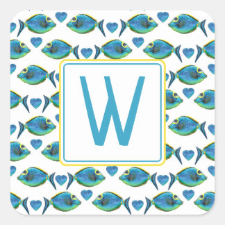 Sticker Carré Aquarelle Tropical Blue Fish and Hearts Monogramme