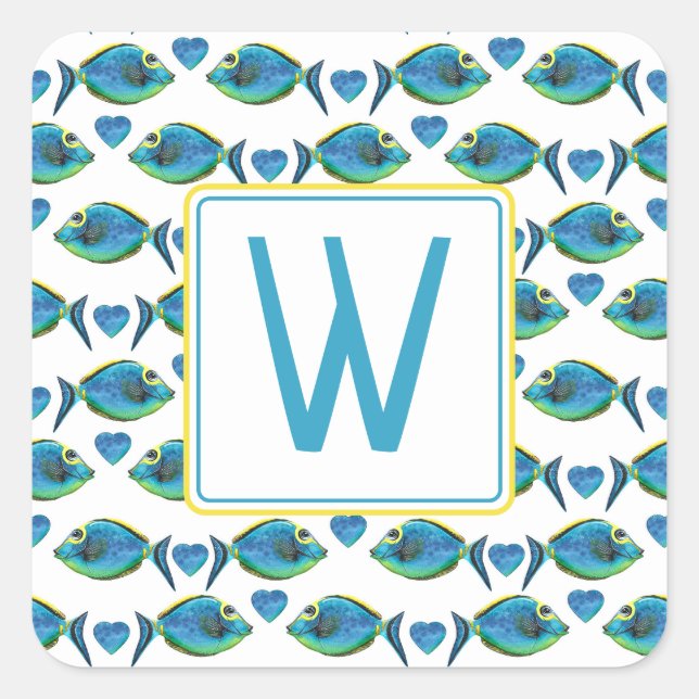 Sticker Carré Aquarelle Tropical Blue Fish and Hearts Monogramme (Devant)