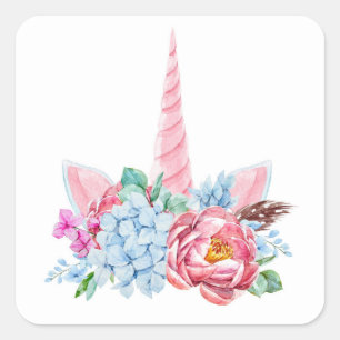 Sticker Carré Aquarelle Unicorn Couronne florale