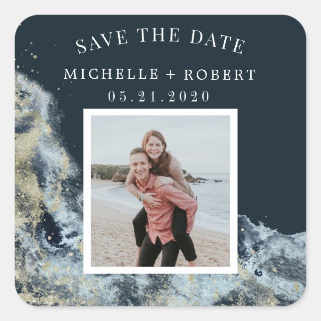 Sticker Carré aquarelle vagues côtier enregistrer la photo date (Devant)