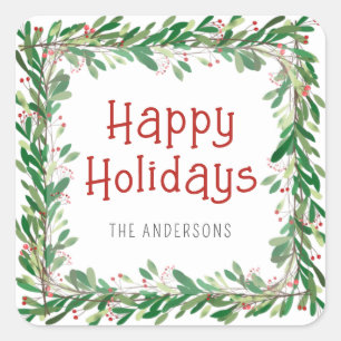 Sticker Carré Aquarelle Verdure Berries Joyeuses Vacances Wreath