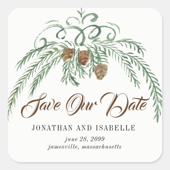 Sticker Carré Aquarelle Verdure et cônes de pins Économisez notr (Devant)