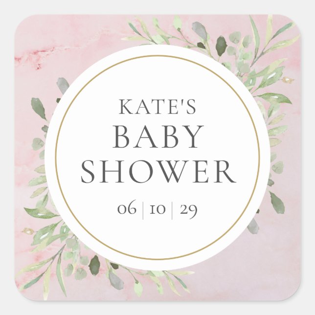 Sticker Carré Aquarelle Verdure Fille Baby shower Marbre rose (Devant)