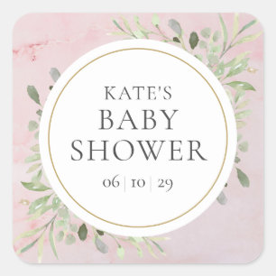 Sticker Carré Aquarelle Verdure Fille Baby shower Marbre rose