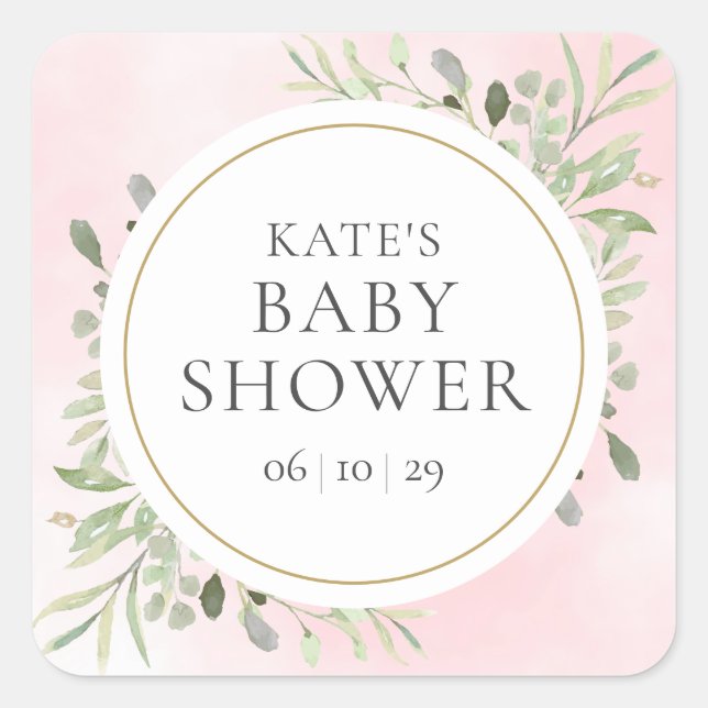 Sticker Carré Aquarelle Verdure fille Baby shower rose (Devant)