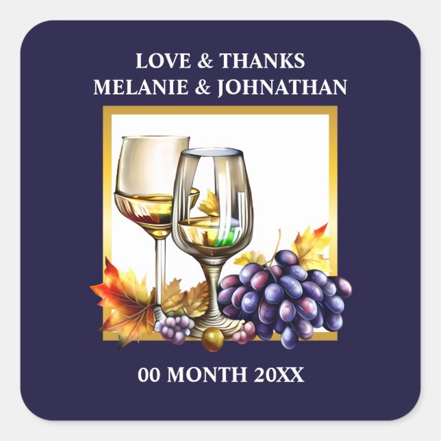 Sticker Carré Aquarelle verres à vin raisins prune bleue or ferm (Devant)