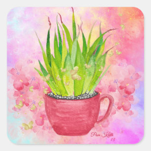 Sticker Carré Aquarelle verte avec pourboires roses Succulent