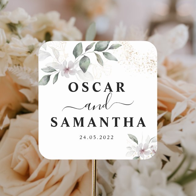 Sticker Carré Aquarelle verte douce Feuille et fleur | Or (Créateur téléchargé)