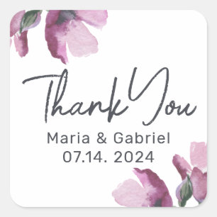 Sticker Carré Aquarelle violet fleurie Merci de mariage élégant