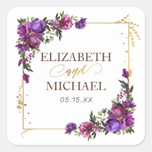Sticker Carré Aquarelle violet rose chaud or Mariage Floral