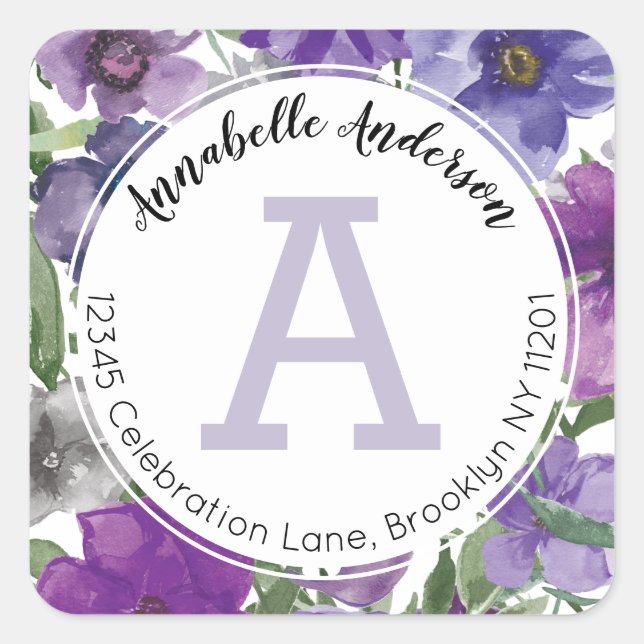 Sticker Carré Aquarelle violette rustique de la fille Monogramme (Devant)