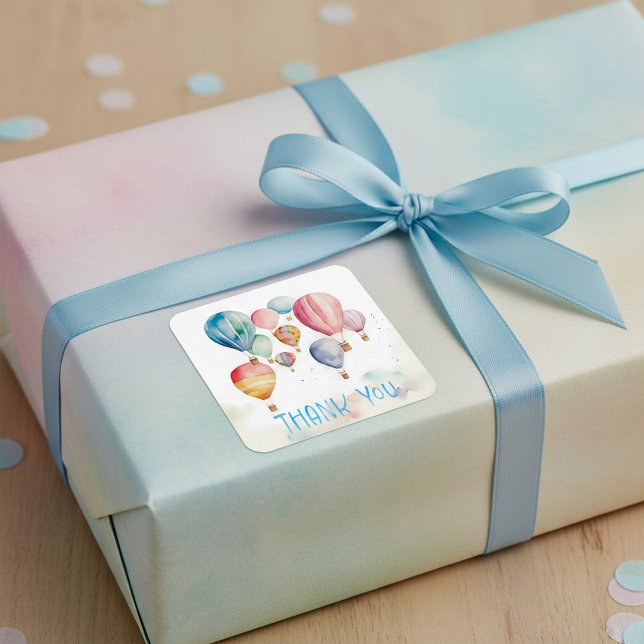 Sticker Carré Aquarelle volant montgolfières bleu merci (Watercolor flying hot air balloons blue thank you square sticker.)