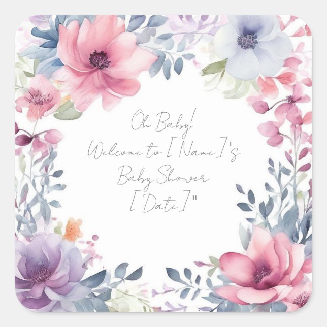 Sticker Carré Aquarelle Whimsical Baby shower Floral Oh Baby (Devant)