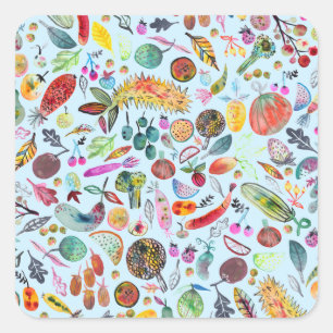 Sticker Carré Aquarelle Whimsical colorée Fruits Légume Bleu