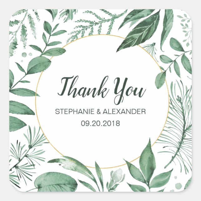 Sticker Carré Aquarelle Wild Feuilles Hunter Mariage vert (Devant)