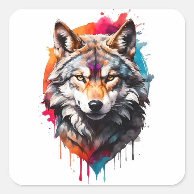 Sticker Carré Aquarelle Wolf Splatt Art Portrait Splash Encre (Devant)