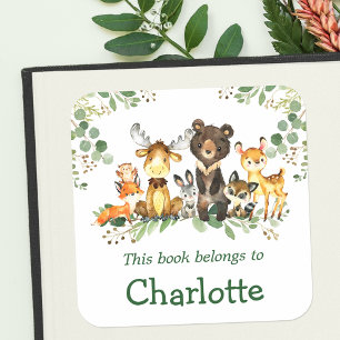 Sticker Carré Aquarelle Woodland Animaux Green Bookplate Étiquet